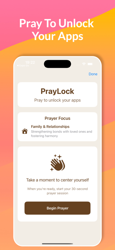 PrayLock app screen showing a prayer session setup to unlock phone apps