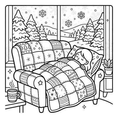 Embrace the ultimate comfort with this delightful coloring page featuring a peaceful winter nap. A cozy figure is nestled under a wonderfully detailed weighted blanket, perfect for a relaxing creative escape.