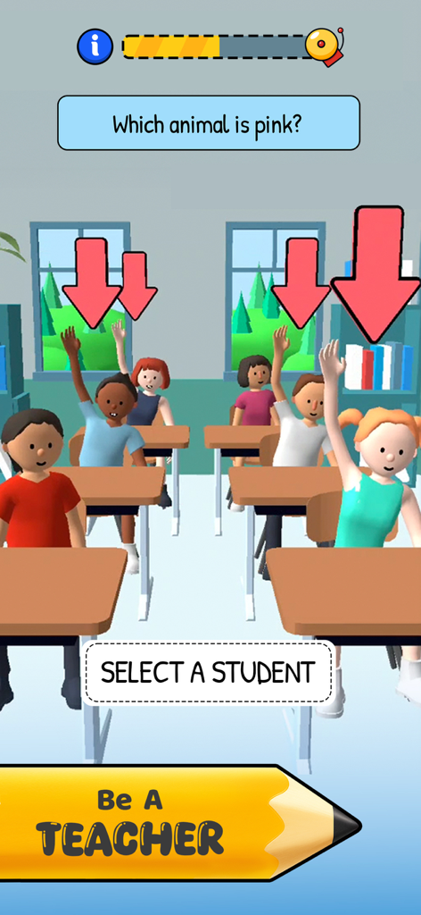Teacher Simulator: Study Time! - Teacher Simulatorのゲームプレイ。生徒たちが質問に答えるために手を挙げている教室が表示されている。