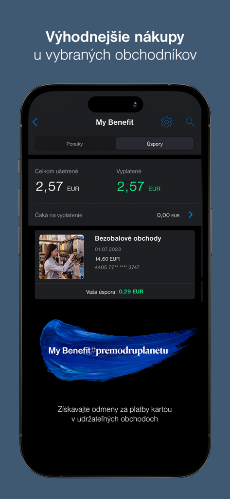 Tatra banka - Tatra banka mobile app My Benefit screen showing rewards and savings for sustainable shopping