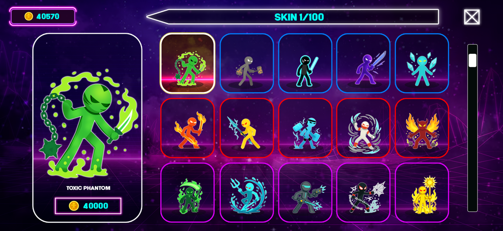 A neon-themed skin selection menu in Stickman Fighting Ragdoll Game featuring the Toxic Phantom character
