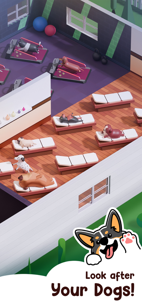 Dog Hotel Tycoon: Pet Game - Perros haciendo ejercicio en cintas de correr y descansando en camas en un lujoso resort hotelero para mascotas
