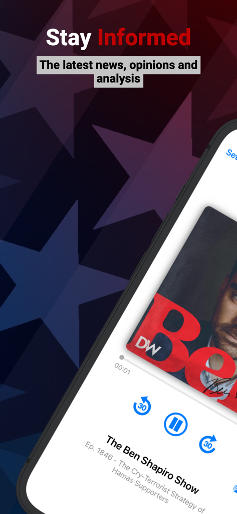 Conservative talk radio app interface showing a podcast episode of the Ben Shapiro Show