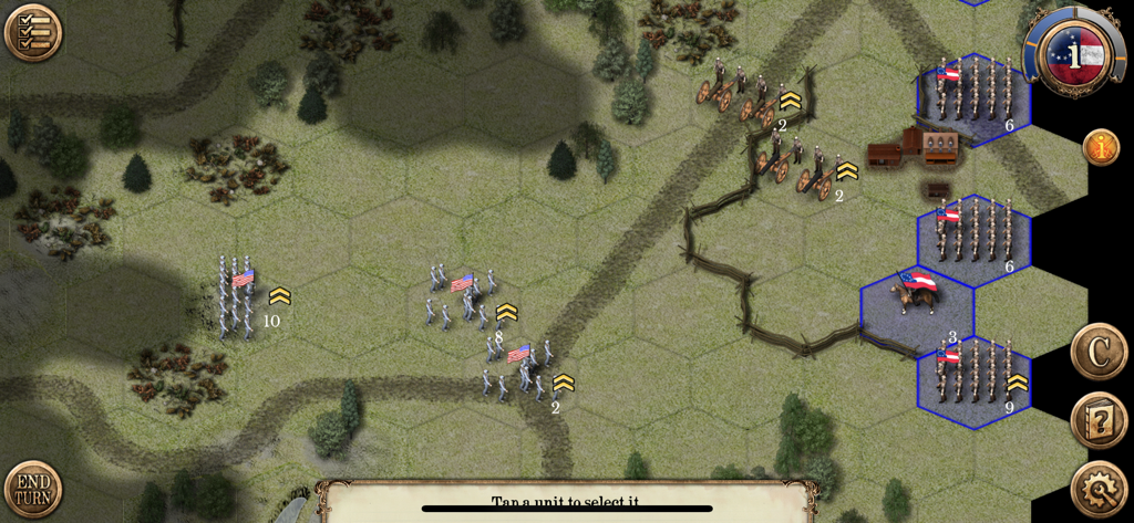 Civil War: Atlanta 1864 - Hex based strategy game showing Union and Confederate troops on a battlefield.