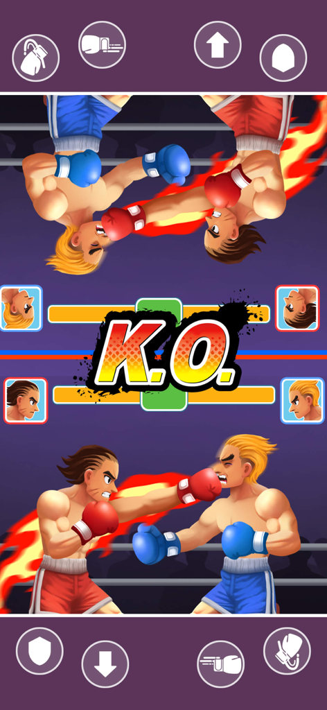 Vista de pantalla dividida de un minijuego de boxeo para dos jugadores con personajes estilizados y texto de KO.