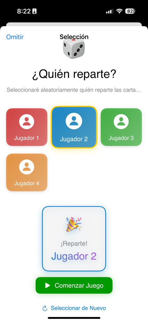 Carioca (Score) - Una pantalla de la aplicación Carioca Score para seleccionar aleatoriamente al repartidor de cartas entre cuatro jugadores.