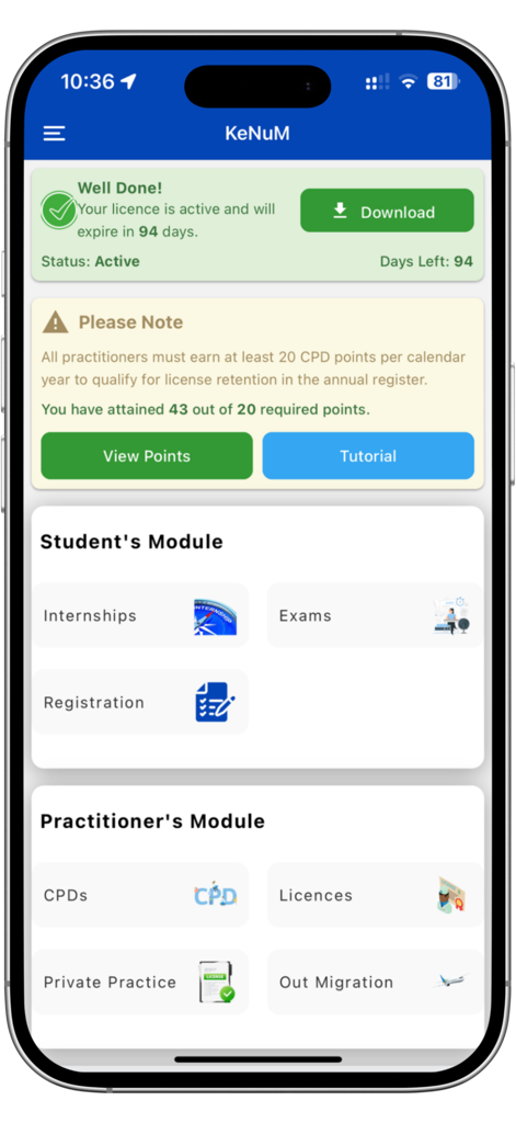 KeNuM - KeNuM app home screen showing active nursing license status and professional development points tracking