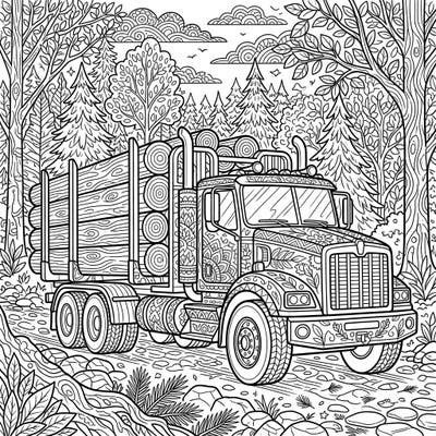 Embark on a unique artistic journey with this adult coloring page featuring a magnificent logging truck. Discover intricate patterns woven into its design, set against a beautifully detailed forest backdrop.