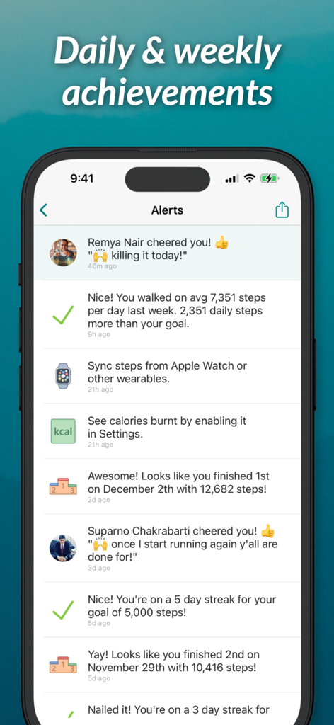 StepUp Pedometer Step Counter - StepUp-App-Benachrichtigungsbildschirm, der Fitness-Erfolgssträhnen und soziale Anfeuerungsrufe von Freunden anzeigt