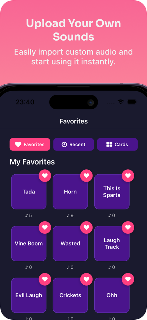 Favorites screen of the Soundboard Pro app featuring popular meme sound effects and a custom upload banner