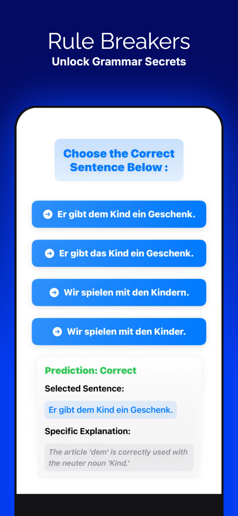 German Grammar B1 - A screenshot showing a multiple choice German grammar quiz with feedback explaining the correct use of the dative article dem.
