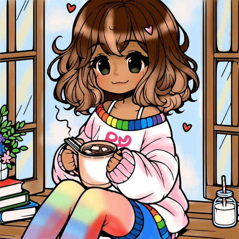 cute anime girl reading book and drinking hot chocolate from mug with loose wavy hair wearing a baggy sweatshirt and shorts sitting by windowsill looking out