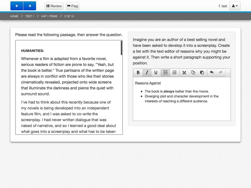 TestNav - Digital assessment interface showing a reading passage and a text editor for student responses.
