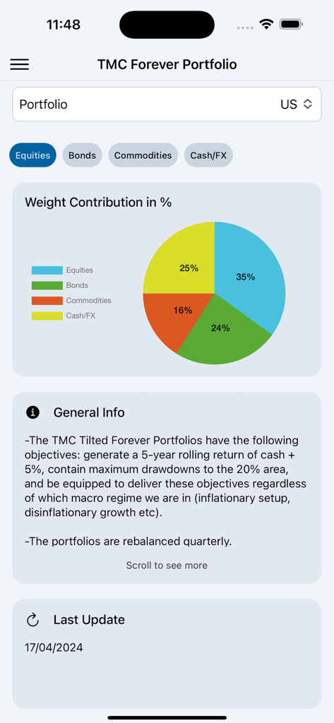 The Macro Compass - The Macro Compass app showing portfolio asset allocation and weight contribution