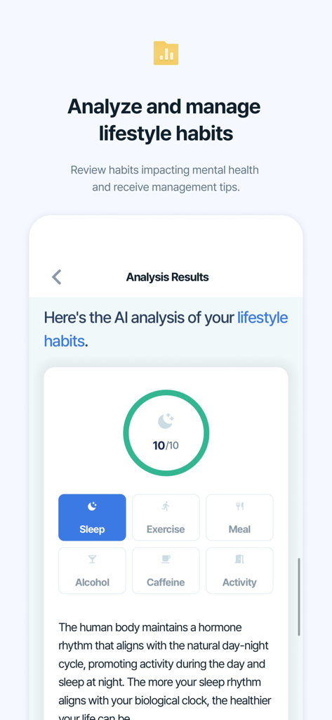 Dr.Listen - A mobile app screen showing AI analysis of lifestyle habits like sleep exercise and diet for mental health management