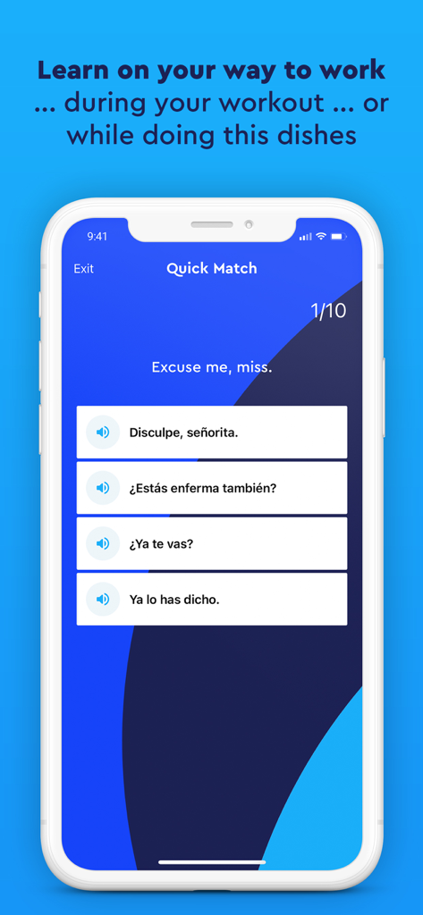A smartphone displaying the Pimsleur app Quick Match feature with a Spanish language quiz question.