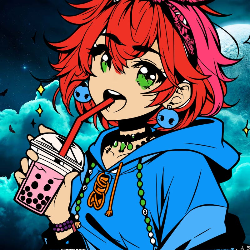 hot baddie anime girl drinking boba and biting the straw