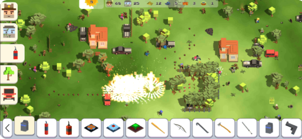 Top down gameplay of Super ZombieBox showing an explosion in a voxel style sandbox world