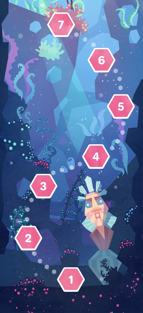 Hexologic - Sudoku Puzzle Game - Level selection screen in Hexologic showing pink numbered hexagons on a blue underwater themed background