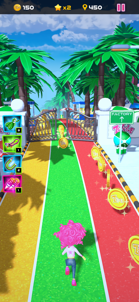 Zozole Run - A pink haired character runs through a vibrant tropical level in the Zozole Run mobile game.