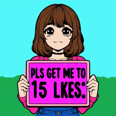 realistic girl holding up a sign that says “pls get me to 15 likes!”