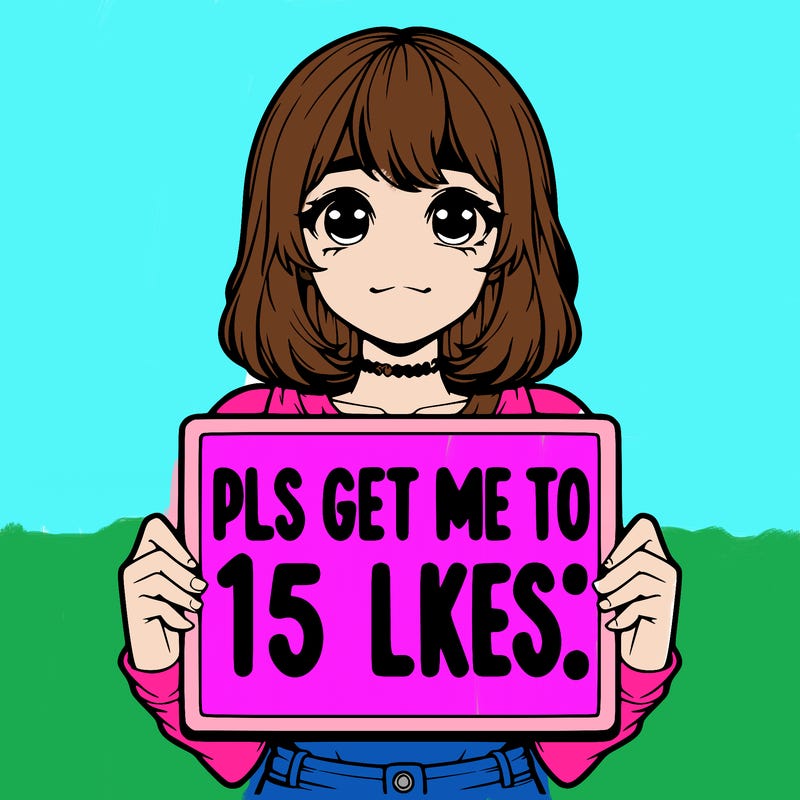 realistic girl holding up a sign that says “pls get me to 15 likes!”