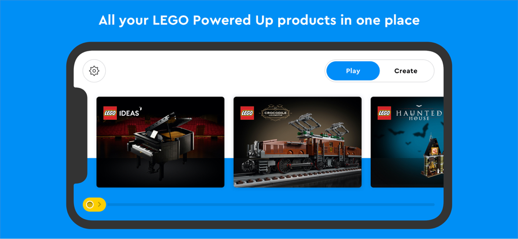 A smartphone screen showing the LEGO Powered Up app dashboard with a selection of sets including a piano and a locomotive