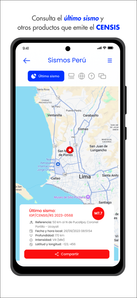 #IGP - Interfaccia dell'app IGP che mostra una mappa del Perù con un indicatore rosso per l'epicentro del terremoto più recente e dettagli sulla magnitudo 7.7