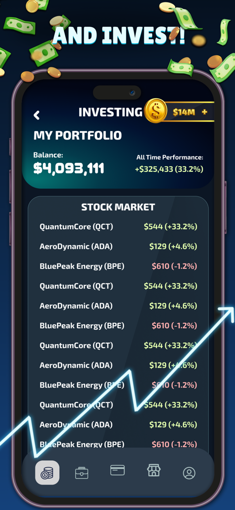 Money Clicker: Business Tycoon - Captura de pantalla de la interfaz del mercado de valores y la cartera de inversiones en el juego móvil Money Clicker Business Tycoon