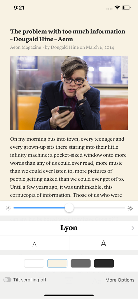 Instapaper app interface showing a long form article with font and color theme customization settings