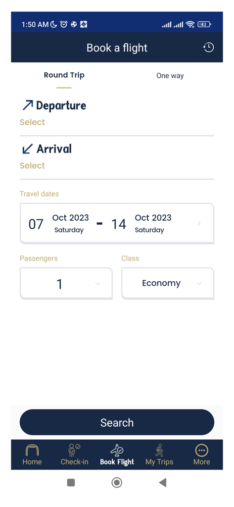 Nile Air - Der Flugbuchungsbildschirm der Nile Air Mobile App zeigt Suchoptionen für Hin- und Rückflüge, einschließlich Abflug, Ankunft und Reisedaten.