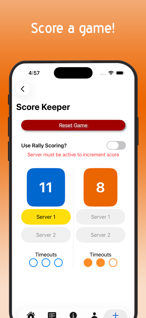 Pickleball score keeper interface showing a score of 11 to 8 with server tracking and timeouts
