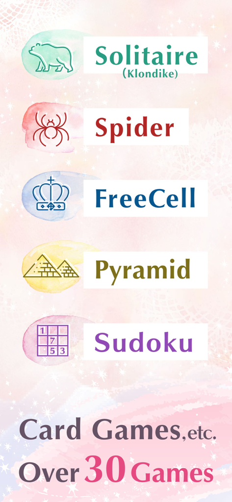 Princess*Solitaire: Cute Games - A menu from the Princess Solitaire app listing different card games like Solitaire Spider FreeCell and Sudoku against a sparkly pink background