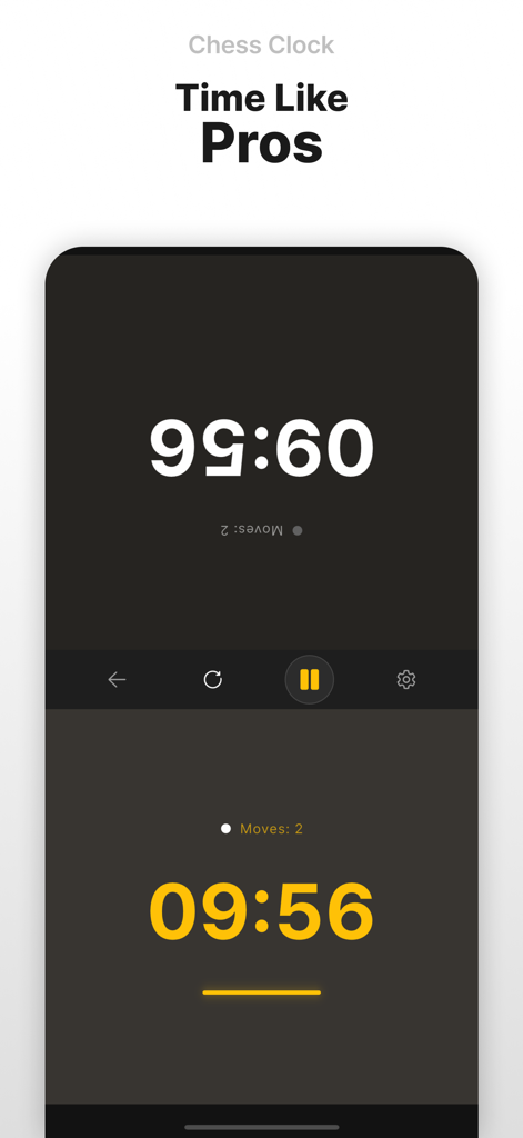 Interfaz de reloj de ajedrez estilo torneo en la aplicación Lina Chess mostrando temporizadores duales para juego sobre el tablero.