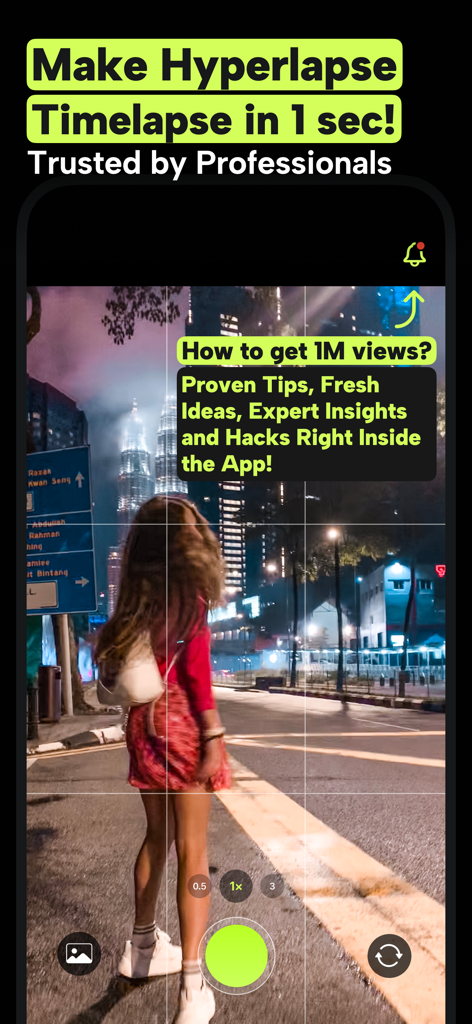 Hyperlapse Timelapse Video Cam - Écran de caméra de l'application Hyperlapse présentant un timelapse de nuit en ville et des conseils de croissance virale