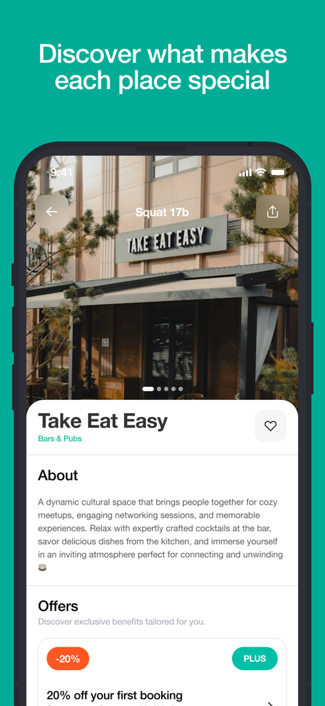 Tourist.com - Screenshot of the Tourist app venue page showing a bar description and exclusive discounts for members