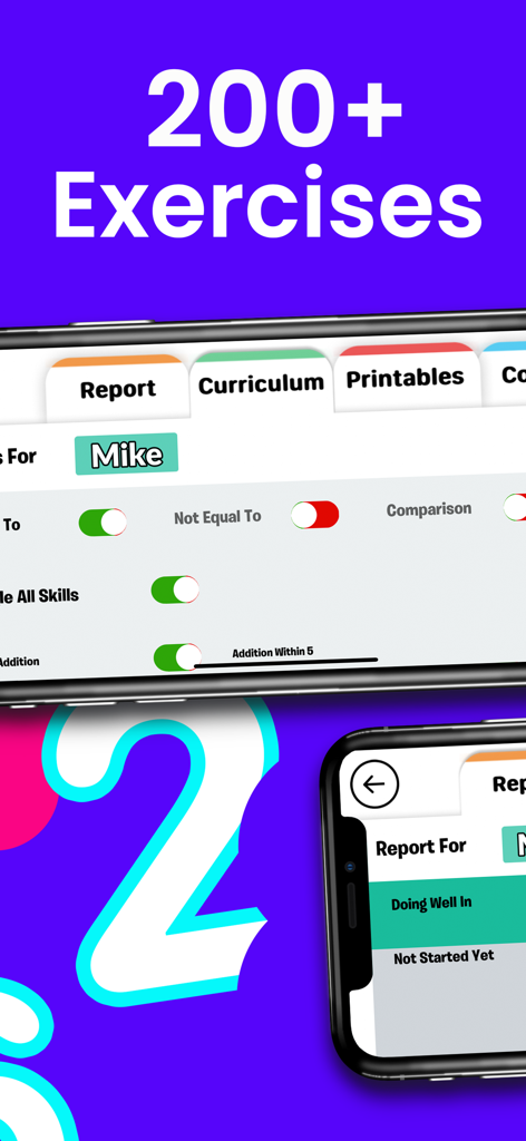 Monster Math : Kids Fun Games - Monster Math app interface showing student progress reports and over 200 math exercises