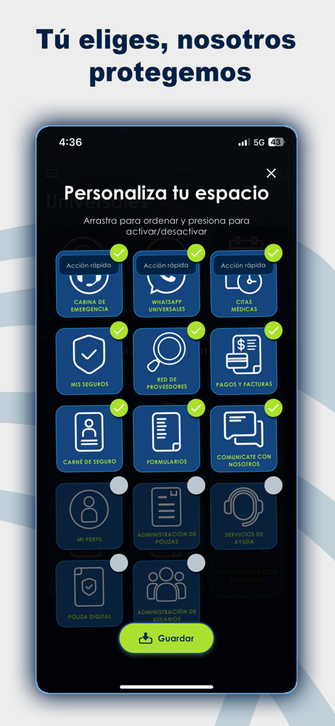 Seguros Universales - Interfaz de la aplicación Seguros Universales que muestra una pantalla de personalización donde los usuarios pueden organizar íconos para citas médicas, identificaciones de seguros y pagos.