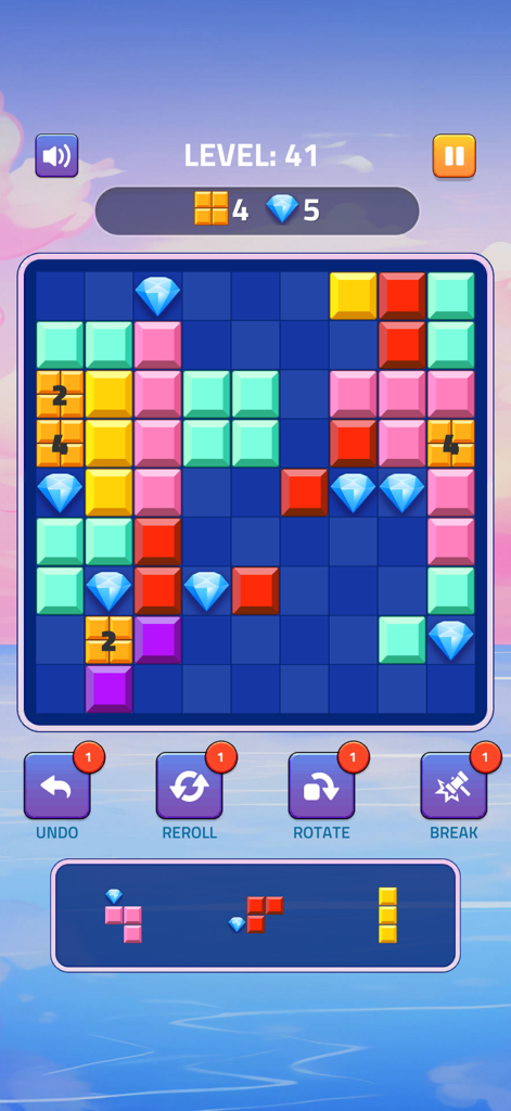 Block Puzzle - Gems Adventure - Una captura de pantalla del juego de Block Puzzle Gems Adventure mostrando una cuadrícula de bloques de colores y gemas azules con controles del juego en el nivel 41.