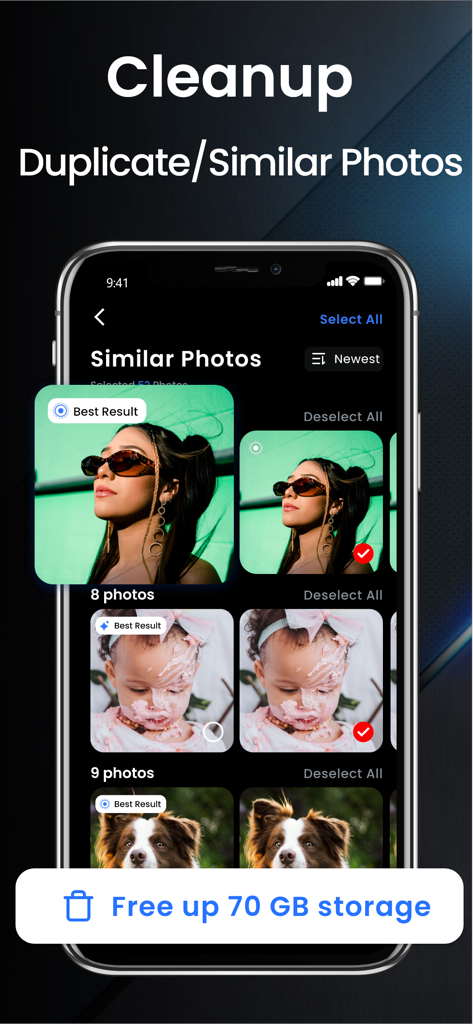 Interface of Easy Cleaner app showing groups of similar photos being identified for deletion to free up storage space on an iPhone.