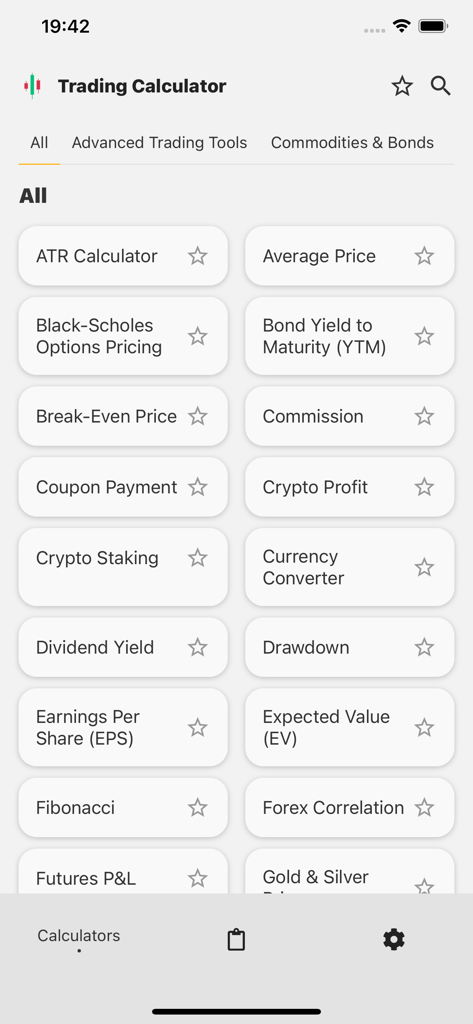 Trading Calculator+ - A menu of various financial calculators in the Trading Calculator plus app including tools for crypto stocks and options