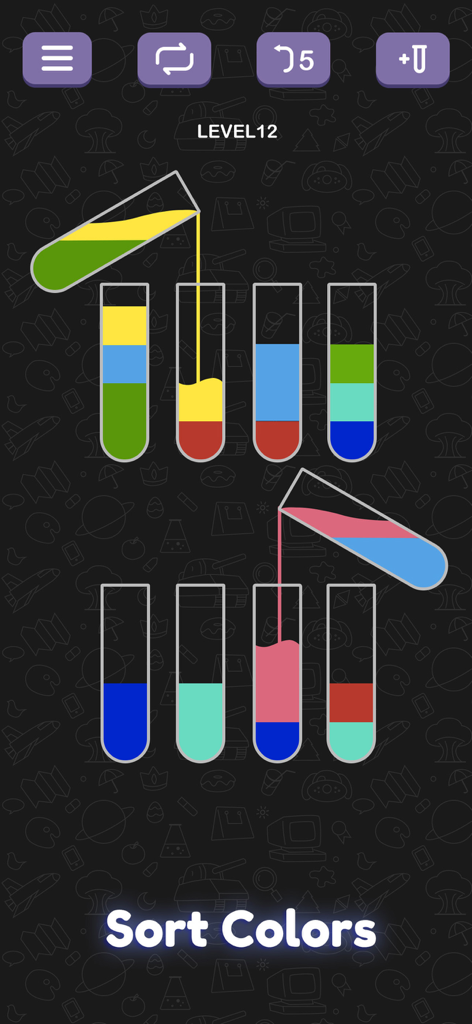 Uno schermo di gioco da Water Sort Puzzle che mostra liquidi colorati ordinati in bottiglie