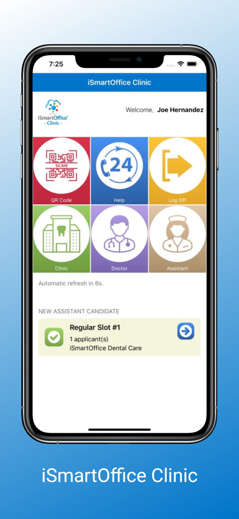 iSmartOffice Clinic - iSmartOffice Clinic mobile dashboard featuring management icons for QR codes and staff recruiting notifications