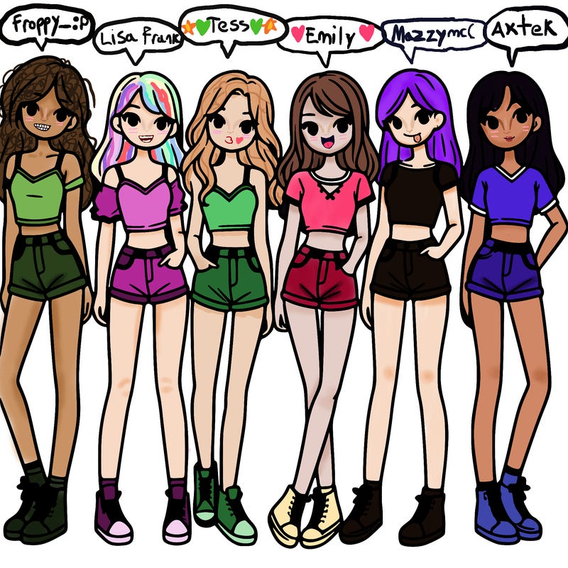 a group of girls wearing crop tops and shorts