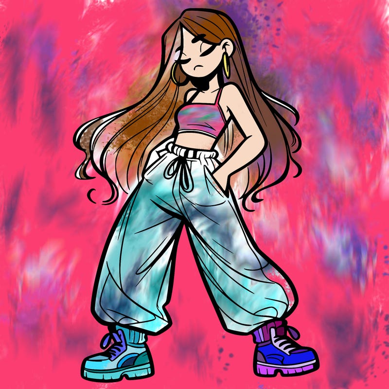 girl in baggy pants crop top and long hair