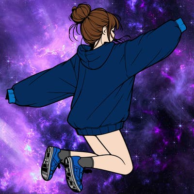 realistic girl jumping with a bun and oversized sweatshirt