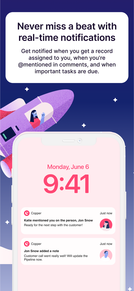 Copper CRM - Notifications en temps réel de Copper CRM sur l'écran de verrouillage d'un iPhone montrant les mentions d'équipe et les mises à jour d'activité