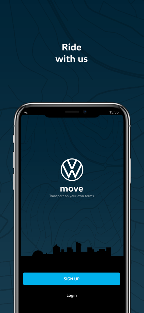 로그인 및 회원가입 버튼이 있는 Move by Volkswagen 앱의 환영 화면