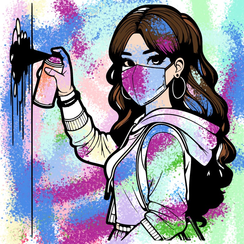 realistic girl with mask spray painting a wall