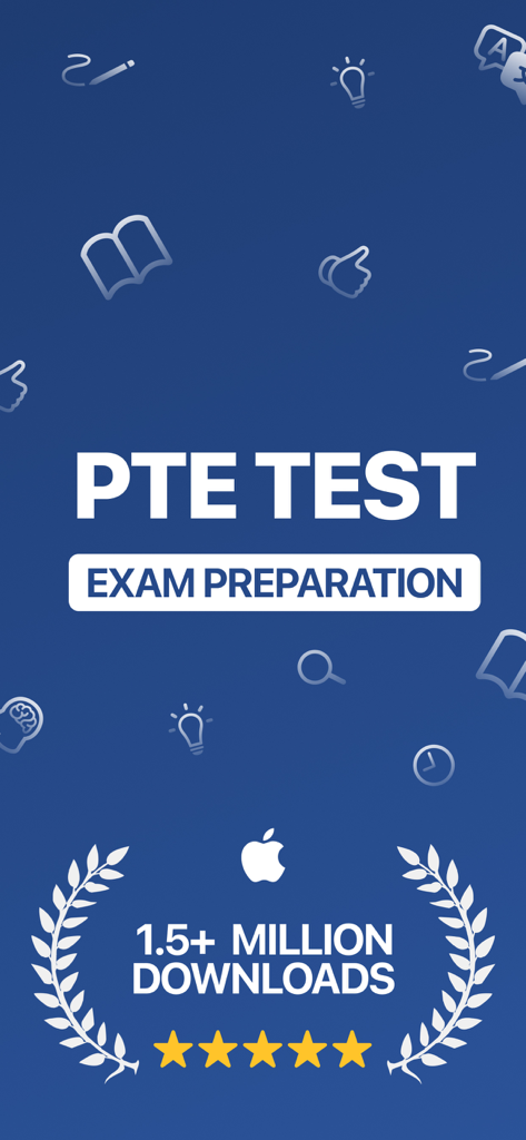 PTE Exam Practice Preparation app splash screen showing 1.5 million downloads and a five star rating